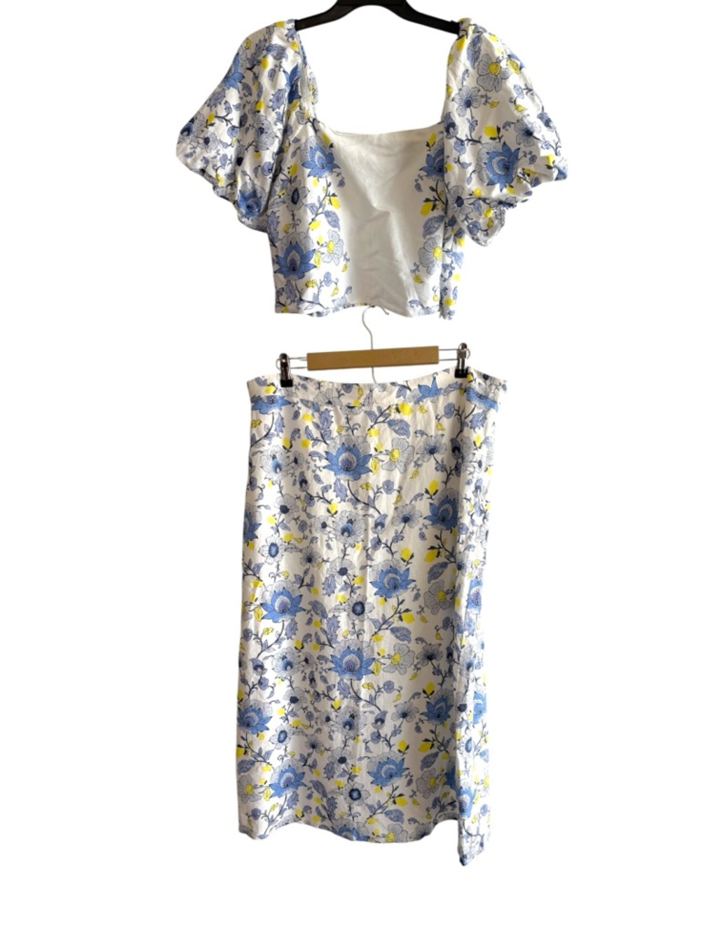 LOFT Sz 16 White Blue Yellow Floral Linen Two Piece Puff Sleeve Top Midi Skirt